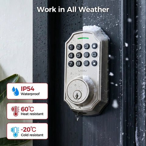 No More Fumbling Keyless Entry Door Lock For Front Door With Keypad And One Hundred Stored Codes Rock Solid Electronic Deadbolt Auto Lock Easy Install Satin Nickel Finish shows waterproof keypad lock in snow and rain.