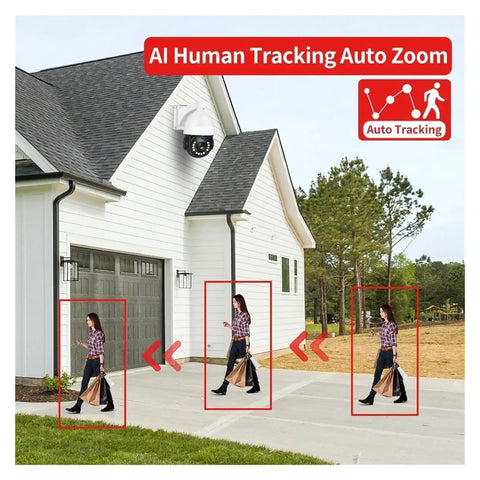 Top Notch 4K Ip Ptz Security Camera With 30X Optical Zoom in action, tracking a person walking outside a house.