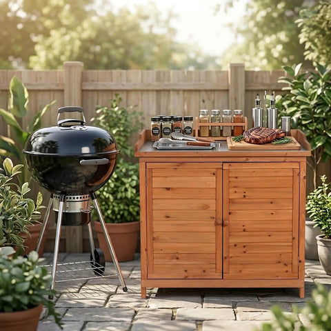 Outdoor Garden Wood Storage Cabinet With Waterproof Tool Shed, Potting Benches And Workstation Table In Natural Finish set next to a barbecue grill.