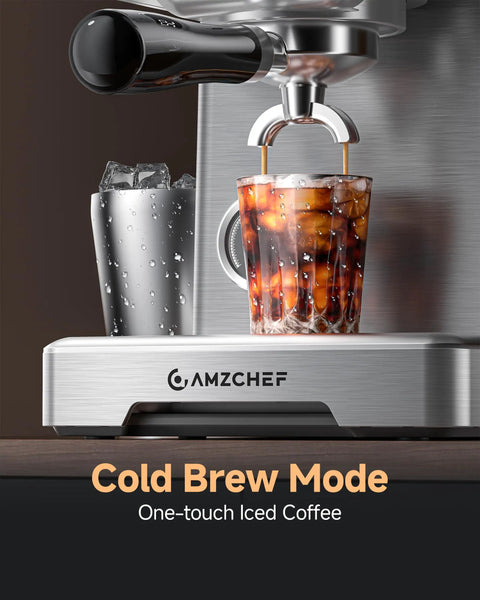 Pro Barista 15 Bar Espresso Machine With Precision 58 Millimeter Portafilter making cold brew in a glass with ice.