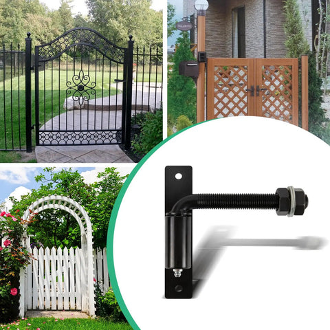 Top Grade Carbon Steel Two Pack Badass Five Inch J Bolt Gate Hinges Six Hundred Pound Capacity mounted on wooden gate post.