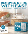 Hand holding glasses with a white cloth beside a blue box labeled '50 Count Big Lens Wipes for Glasses, Watches, Screens and More'.