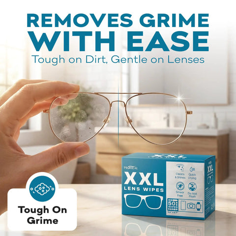 Hand holding glasses with a white cloth beside a blue box labeled '50 Count Big Lens Wipes for Glasses, Watches, Screens and More'.