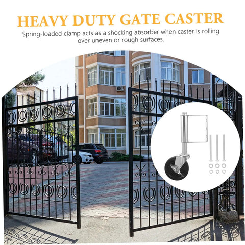 Heavy Duty Spring Loaded Gate Wheel Constructed From Cold Rolled Steel Offers Effortless Rolling On Uneven Ground, mounted with hardware.