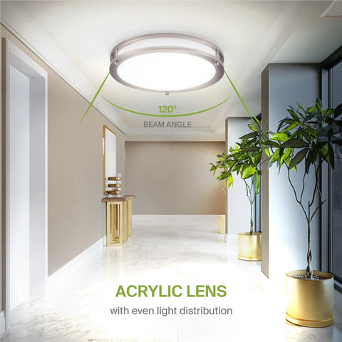 Modern hallway illuminated by 12 Inch Round LED Flush Mount Ceiling Light With 3 CCT Dimmable Settings, 120° beam angle.