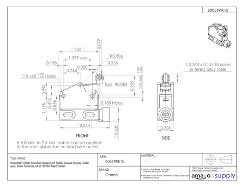 Compact Sealed Roller Plunger Limit Switch Built To Last With Heavy Duty Dust And Oil Guard Cover Smooth Snap Action And No Fuss Screw Wiring Rated 5A At 125VAC For Rough Shop Jobs And Controls technical drawing with measurements and details.