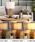 Touch Control Rattan Bedside Lamps Set Of 2 With 3 Way Dimming USB Ports And AC Outlet in cozy living room setting