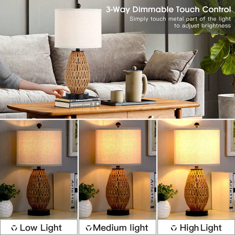 Touch Control Rattan Bedside Lamps Set Of 2 With 3 Way Dimming USB Ports And AC Outlet in cozy living room setting