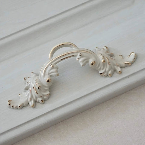 2.5 Inch Center To Center Shabby Chic Pull Handle Cream White With Gold Accent for Dresser Drawer Kitchen Cabinet Zinc Alloy Furniture Hardware 64 mm Hole Spacing Home Renovation Upgrade, close-up view.