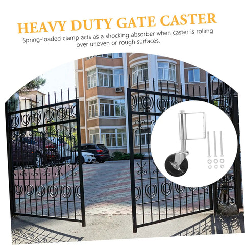 Heavy Duty Spring Loaded Gate Caster Wheel For Outdoor Fence Yard Projects Rock Solid 75kg Load Rating mounted on black gate