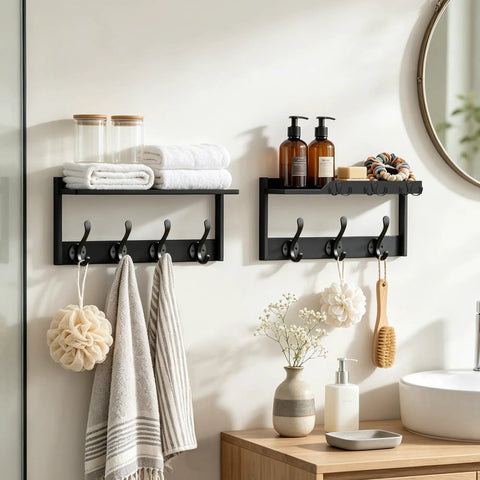 Slick Wall Mount Coat Rack With Bamboo Shelf And Heavy Duty Hooks Perfect For Effortless Entryway Organization holds towels and bath items.