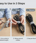 Adjustable Reusable 5M Hook and Loop Cable Ties for Quick Cord Management securing cables in three steps, cut wrap secure.