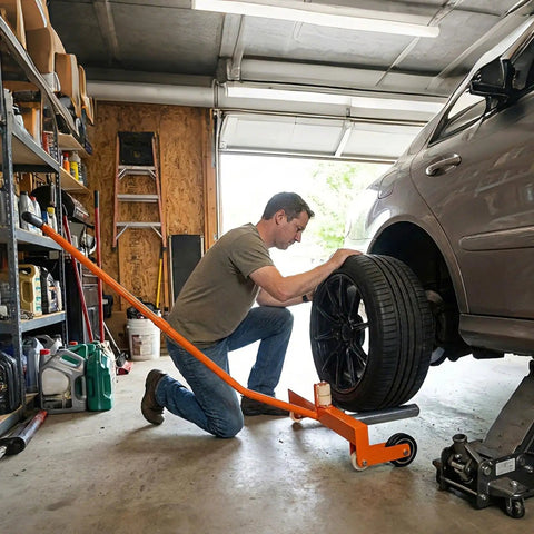 Adjustable Heavy Duty Tire Dolly And Wheel Lifter Built Like A Tank With Rust Resistant Finish and Smooth Rolling Casters in use lifting a tire.