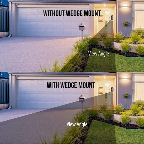 Comparison of view angles without and with the Horizontal Wedge Wall Mount For Arlo Essential Wired Video Doorbell, enhancing visibility.