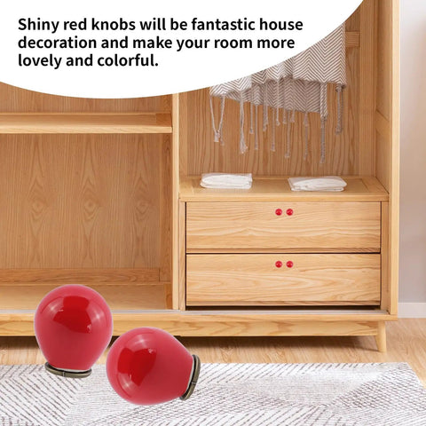Fire Red Mini Round Cabinet Knobs And Drawer Pulls Set Of 10 With Mounting Screws Electroplated Ceramic Handles For Kitchen Cupboards displayed on a wooden cabinet.