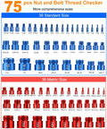 Top Shelf 75 Piece Nut And Bolt Thread Checker Kit With Sae And Metric Identifiers showing detailed thread sizes in blue and red.
