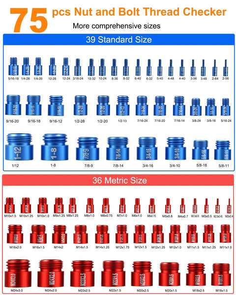 Top Shelf 75 Piece Nut And Bolt Thread Checker Kit With Sae And Metric Identifiers showing detailed thread sizes in blue and red.