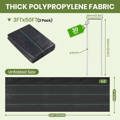 2 Pack 3x50 Ft Weed Barrier Landscape Fabric with 3 Oz Woven Geotextile and 30 U Shaped Pegs, folded and detailed size specs