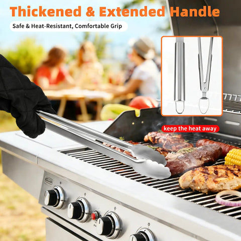 32 Piece Heavy Duty Stainless Steel BBQ Grill Tool Set With Case Including Tongs in use on barbecue