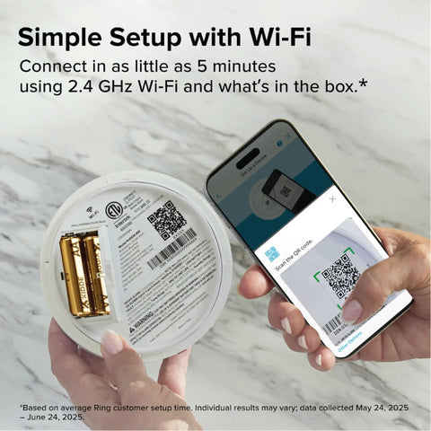 Wireless Smart Smoke Detector With Live App Alerts And Aa Battery Backup Plug And Play Wire Free Install For No Sweat Home Watching Snappy Fire Detection That Just Works showing setup instructions and QR code on mobile screen.