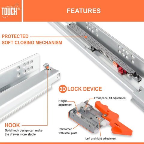 Undermount Drawer Slides With Self Soft Close For 12 Inch Cabinets One Half To Five Eighths Inch Side Panels Concealed Bottom Mount Track 75 Lb Capacity 3D Adjustable Lock Kitchen Drawer Hardware For Smooth Quiet Operation showing detailed soft-closing mechanism and lock device features.