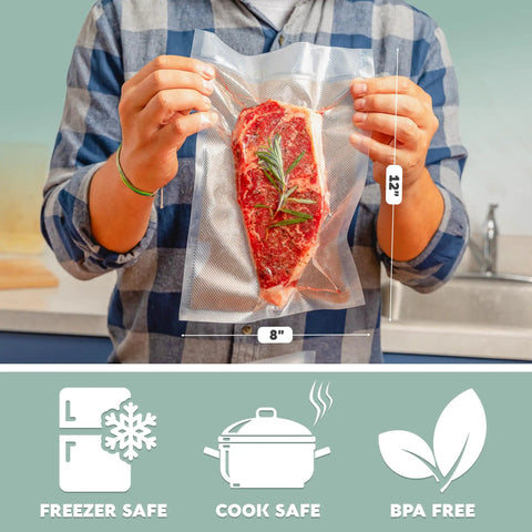 Heavy Duty Vacuum Sealer Bags 200 Quart 8x12 Inches For Food Storage And Sous Vide Meal Prep BPA Free Pre Cut Embossed Grooved Seal Keeps It Fresh In The Freezer Every Time package with steak inside