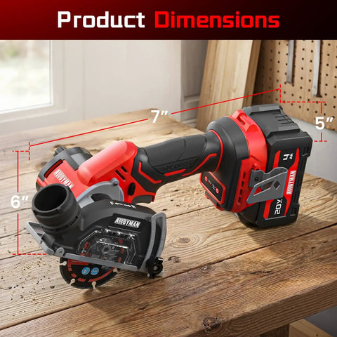 Heavy Duty 20V Compact Circular Saw With 3 Inch Brushless Motor And Dual 4Ah Batteries dimensions on a workbench, measuring 6x5x7 inches.