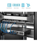 Heavy Duty 1U Server Rack Shelf With Vented Tray For 19 Inch Rack And Cabinet Steel Build, installed with network switches.