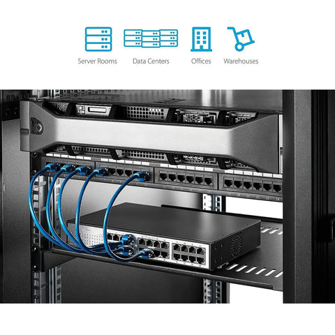 Rock Solid 1U Server Rack Shelf With Vented Steel Cantilever Mount Tray In Matte Black Fits Standard 19 Inch Racks with cables.