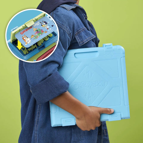 Legit Awesome Bluey Pediatrician Board Game For Kids Featuring Electronic Talking Sound Effects And All In One Carry Case With Two Play Modes And Super Chill Family Fun For Ages 6 Plus Totally Rad Interactive Playtime held by a child.