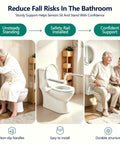 Heavy Duty Toilet Safety Rails For Seniors Rock Solid Sit To Stand Support With 500 Lb Flip Up Arms shown in bathroom setting.