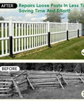 Battle Ready Four Pack Fence Post Repair Kit With One Piece Galvanized Steel Anchors And Rust Resistant Stakes For Tough Backyard Setups And Efficient Outdoor Fixes, showing before and after fence post repair.