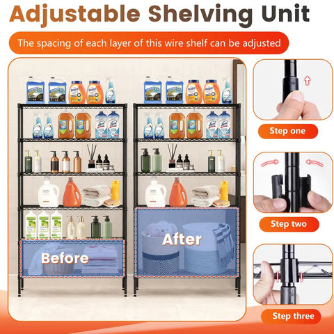 Heavy Duty Six Tier Wire Shelving Cart With Roll Smooth Casters And Quick Adjust Levels showing adjustable layers and organized items.