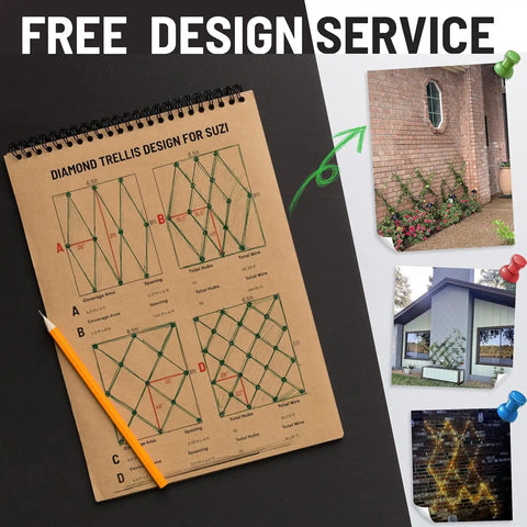Free design service for Heavy Duty Tension Wire Trellis Kit For Outdoor Gardens features diagram of trellis layouts.