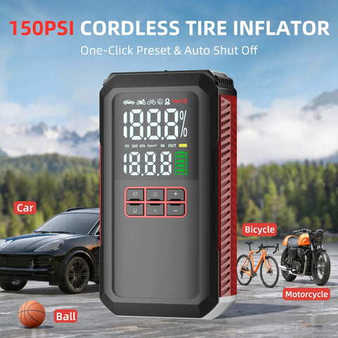 Digital display of 150 PSI cordless tire inflator with car and bike outlines.