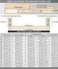 Table detailing how to choose drawer slide sizes for the Tank Grade 52 Inch Heavy Duty Lockable Drawer Slides 500 LB.