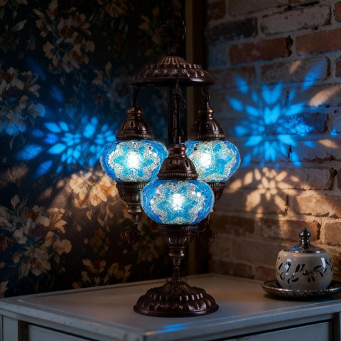 Turkish Mosaic Table Lamp With Built In LED Bulb Three Globe Sea Blue Handmade Moroccan Style Decor Tall 21.3 Inch Glass Mosaic Nightstand Light Artisan Crafted Glass Mosaic With Warm Ambient Glow For Living Room Or Bedroom, casting blue patterns on walls and table.