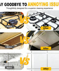 Before and after comparison of kitchen cleaning with Heavy Duty 3000W Steam Cleaner Machine With 3.5L Tank And Six Attachments.