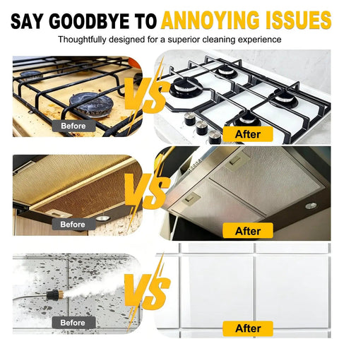 Before and after comparison of kitchen cleaning with Heavy Duty 3000W Steam Cleaner Machine With 3.5L Tank And Six Attachments.