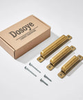 Heavy Duty 10 Pack Of Three Inch Antique Brass Cabinet Pulls With Slick Zinc Alloy Build and Tight Screw Placement For Kitchen Drawers, showing three pulls and packaging.