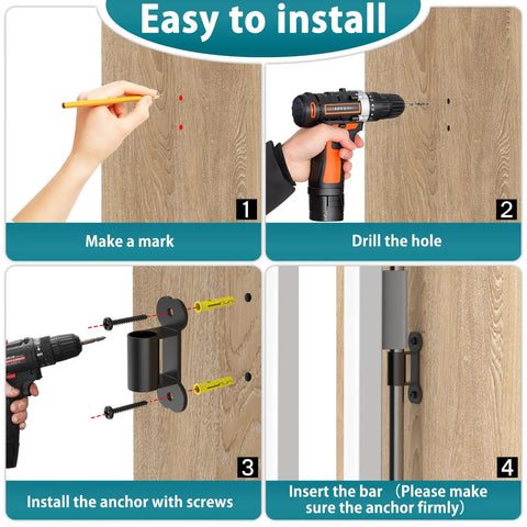 Installation steps for Four Pack Black Fence To Wall Anchors Securely Lock Down Dog Playpen And Pet Gates, showing marking, drilling, and inserting.