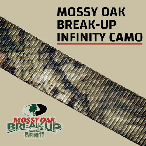 Mossy Oak Break Up Infinity Camo design on 1 inch wide polyester ratchet strap