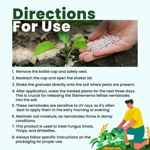 Instructions for NemaKnights Slow Release Nematodes For Pest Control Kill Fungus Gnats Thrips And Whiteflies granules application