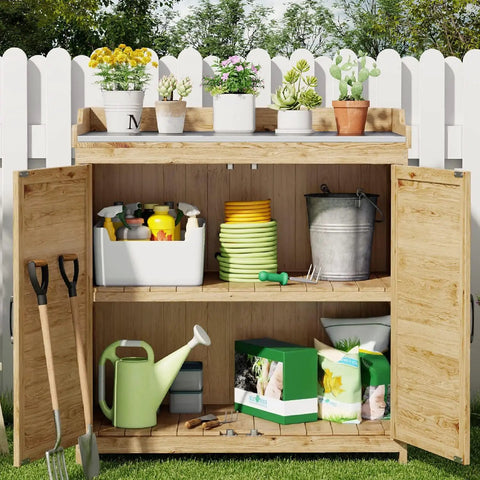 Outdoor Potting Bench With Metal Tabletop And Double Doors Garden Work Bench For Backyard Patio And Lawn, open showing tools