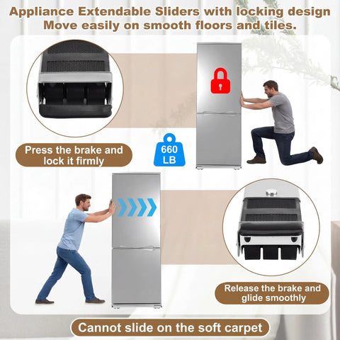 2 Sets Heavy Duty Appliance Rollers With Furniture Lifter And 24 Roller Brakes Extending 18 To 28 Inches For Washer And Dryer Moving With 660 Pound Weight Rating shown in use on smooth floors.
