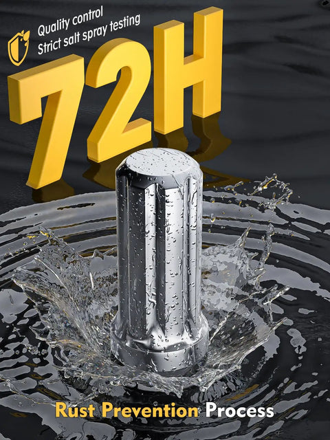 Heavy Duty Chrome Lug Nuts Featuring A Slick Conical 60 Degree Seat And One Snug Socket Key in salt spray testing, showing rust prevention.