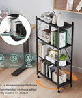 Heavy Duty Metal Storage Shelf with Four Tiers and Smooth Rolling Wheels for Kitchen Organization Collapsible Foldable Design in Classic White Color with locking wheels.