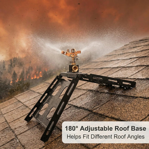 Serious Wildfire Prep Gotta Have This Rooftop Sprinkler With Real Deal Solid Copper 360 Adjustable Head and Tough Galvanized Steel Base For Knockout 3300 Square Foot Coverage All Around on sloped roof with 180° adjustable base.