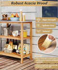 Outdoor Wooden Sideboard With Marble Look Countertop And Three Tier Acacia Buffet Organizer For Patio Yard Ready