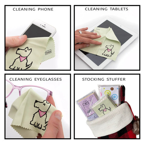 TreVee microfiber cleaning cloths 10-pack, 6x6, dog design; for phones, eyeglasses, tablets.